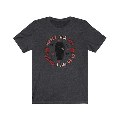 "Roses Are Red, Inside I'm Dead" Red And Pink Hearts And Bats Coffin Tee - Unisex Shirt