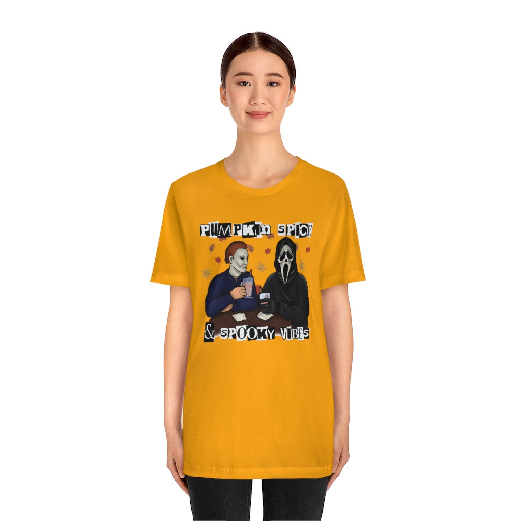 "Pumpkin Spice & Spooky Vibes" Horror Movie Tee - Unisex Shirt
