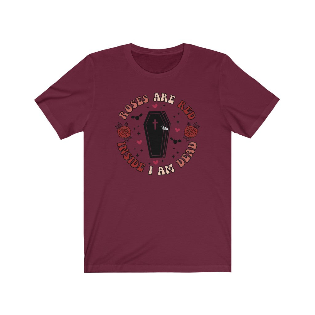 "Roses Are Red, Inside I'm Dead" Red And Pink Hearts And Bats Coffin Tee - Unisex Shirt