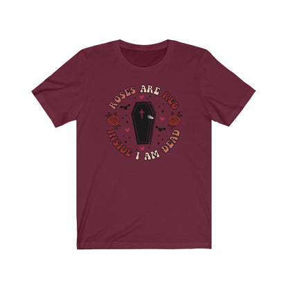 "Roses Are Red, Inside I'm Dead" Red And Pink Hearts And Bats Coffin Tee - Unisex Shirt