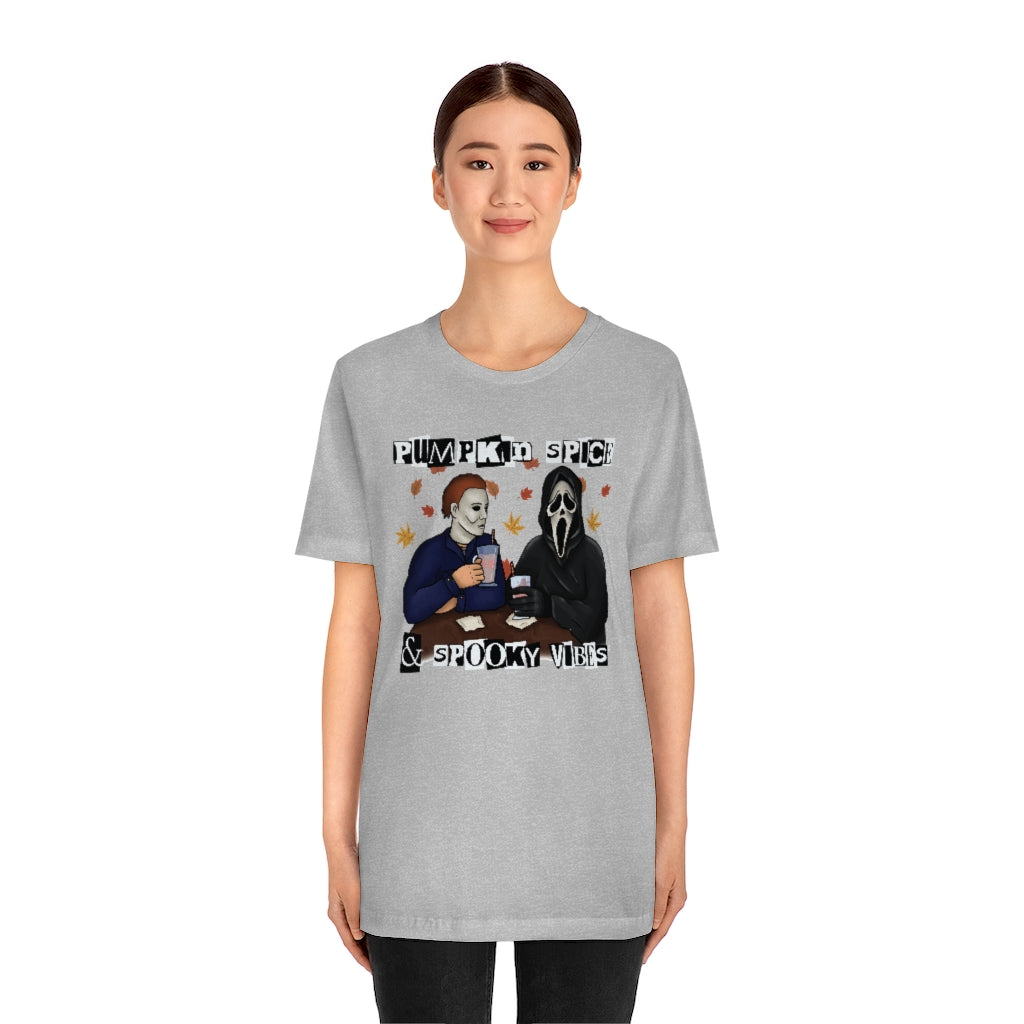 "Pumpkin Spice & Spooky Vibes" Horror Movie Tee - Unisex Shirt