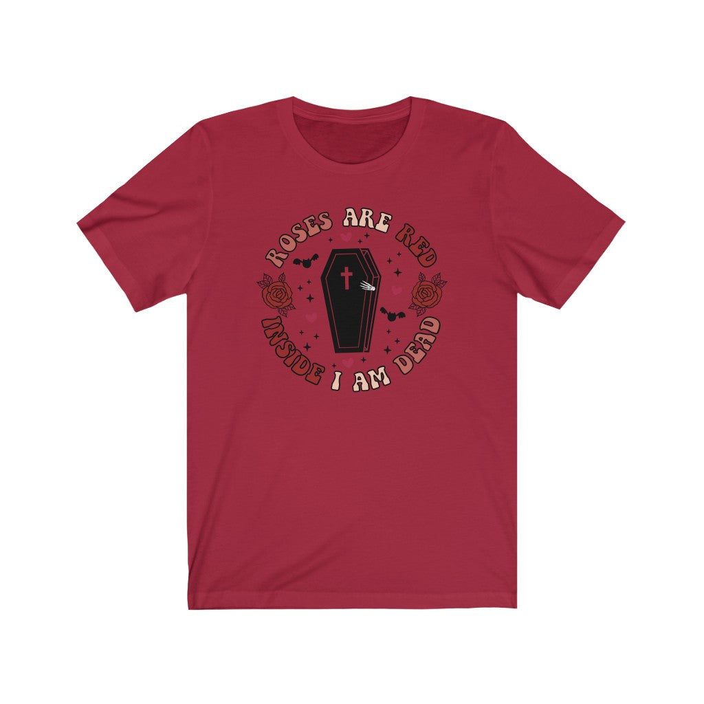 "Roses Are Red, Inside I'm Dead" Red And Pink Hearts And Bats Coffin Tee - Unisex Shirt