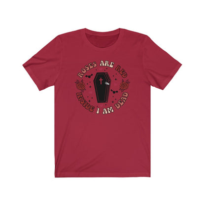 "Roses Are Red, Inside I'm Dead" Red And Pink Hearts And Bats Coffin Tee - Unisex Shirt