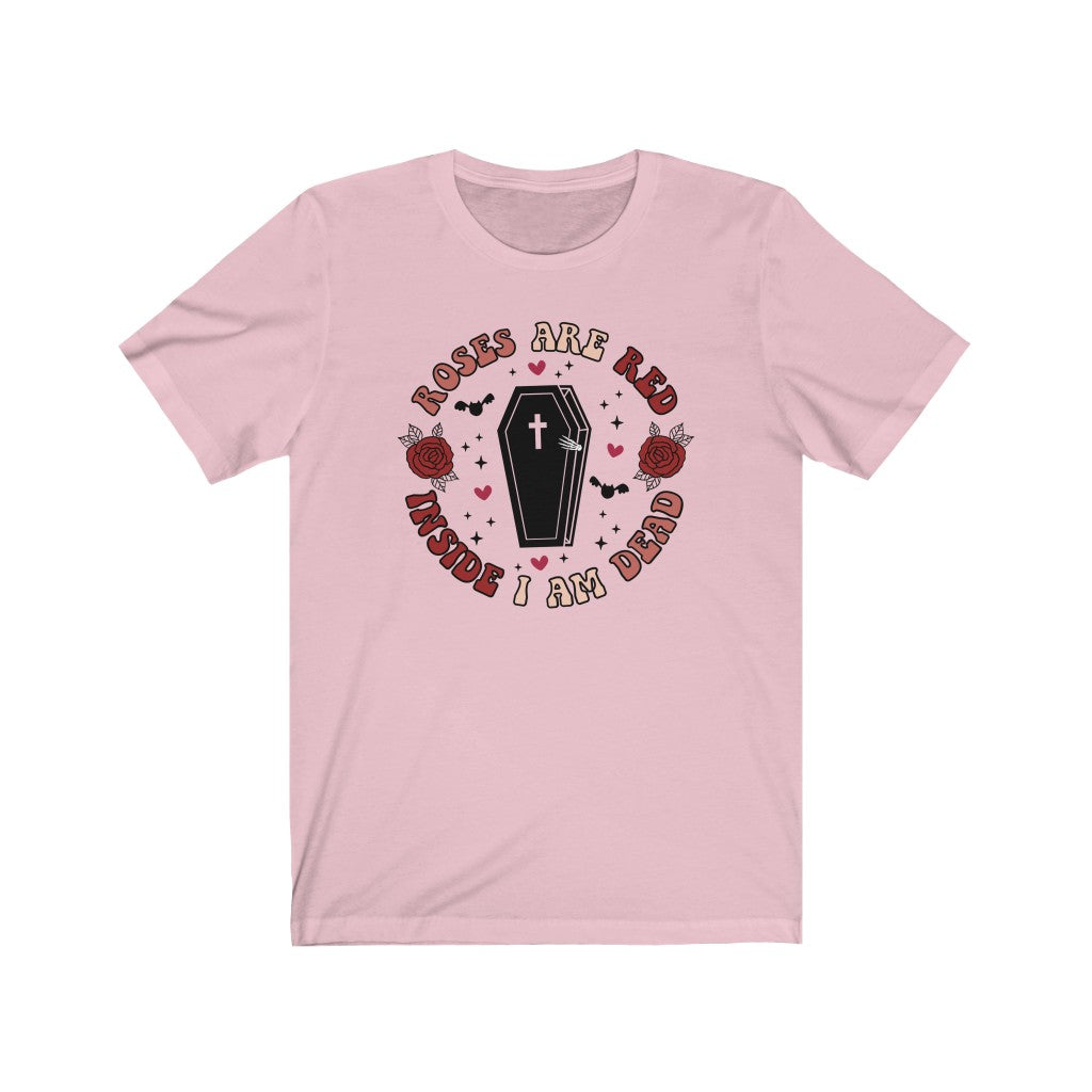 "Roses Are Red, Inside I'm Dead" Red And Pink Hearts And Bats Coffin Tee - Unisex Shirt