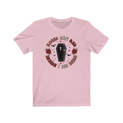 "Roses Are Red, Inside I'm Dead" Red And Pink Hearts And Bats Coffin Tee - Unisex Shirt