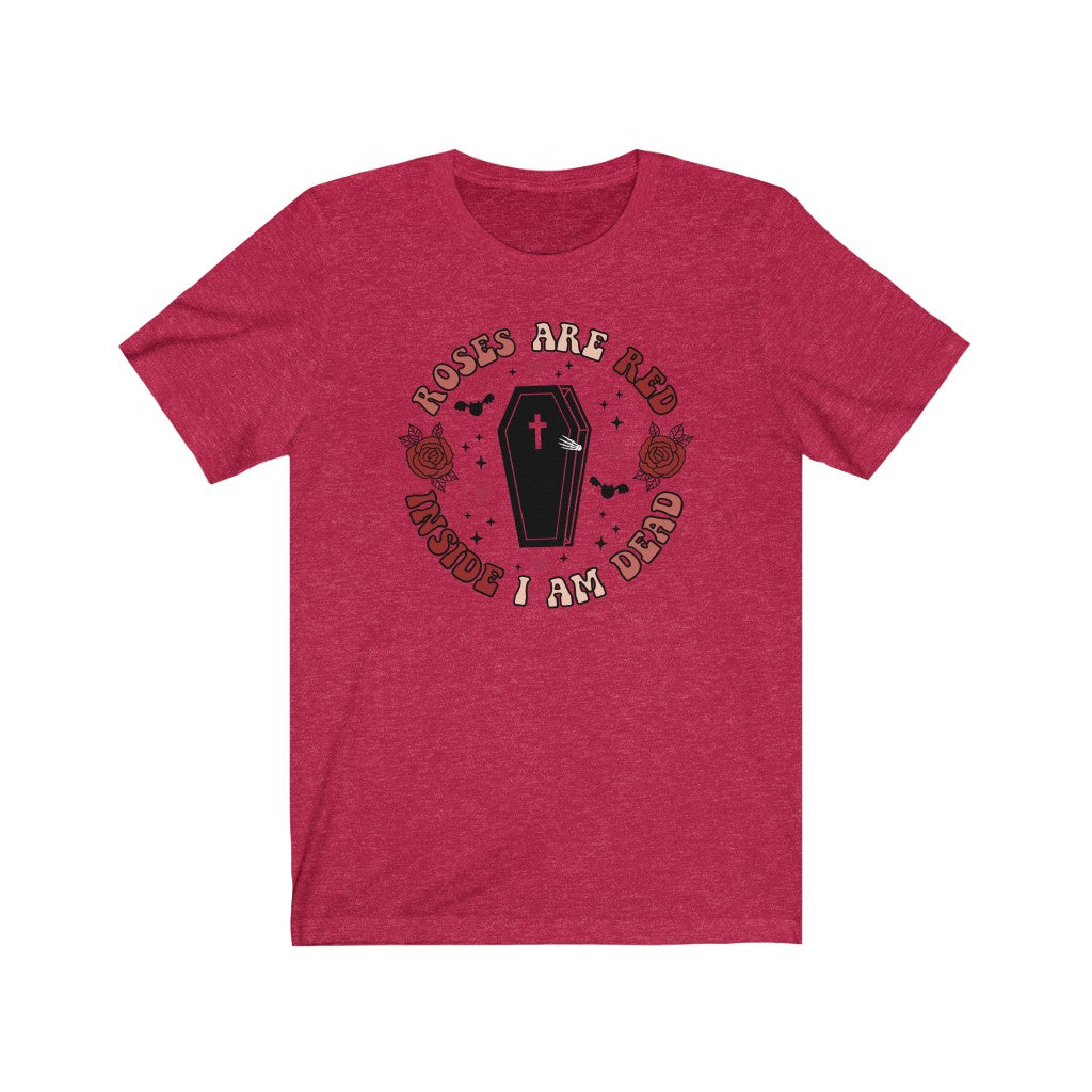 "Roses Are Red, Inside I'm Dead" Red And Pink Hearts And Bats Coffin Tee - Unisex Shirt