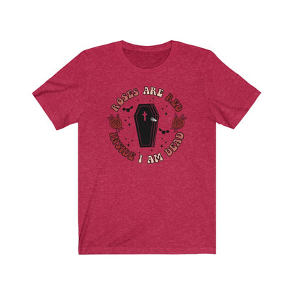 "Roses Are Red, Inside I'm Dead" Red And Pink Hearts And Bats Coffin Tee - Unisex Shirt