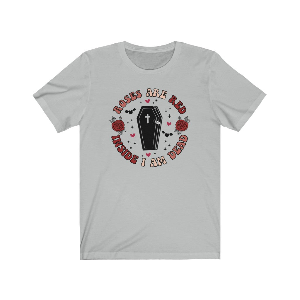 "Roses Are Red, Inside I'm Dead" Red And Pink Hearts And Bats Coffin Tee - Unisex Shirt