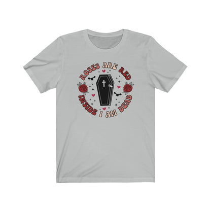 "Roses Are Red, Inside I'm Dead" Red And Pink Hearts And Bats Coffin Tee - Unisex Shirt