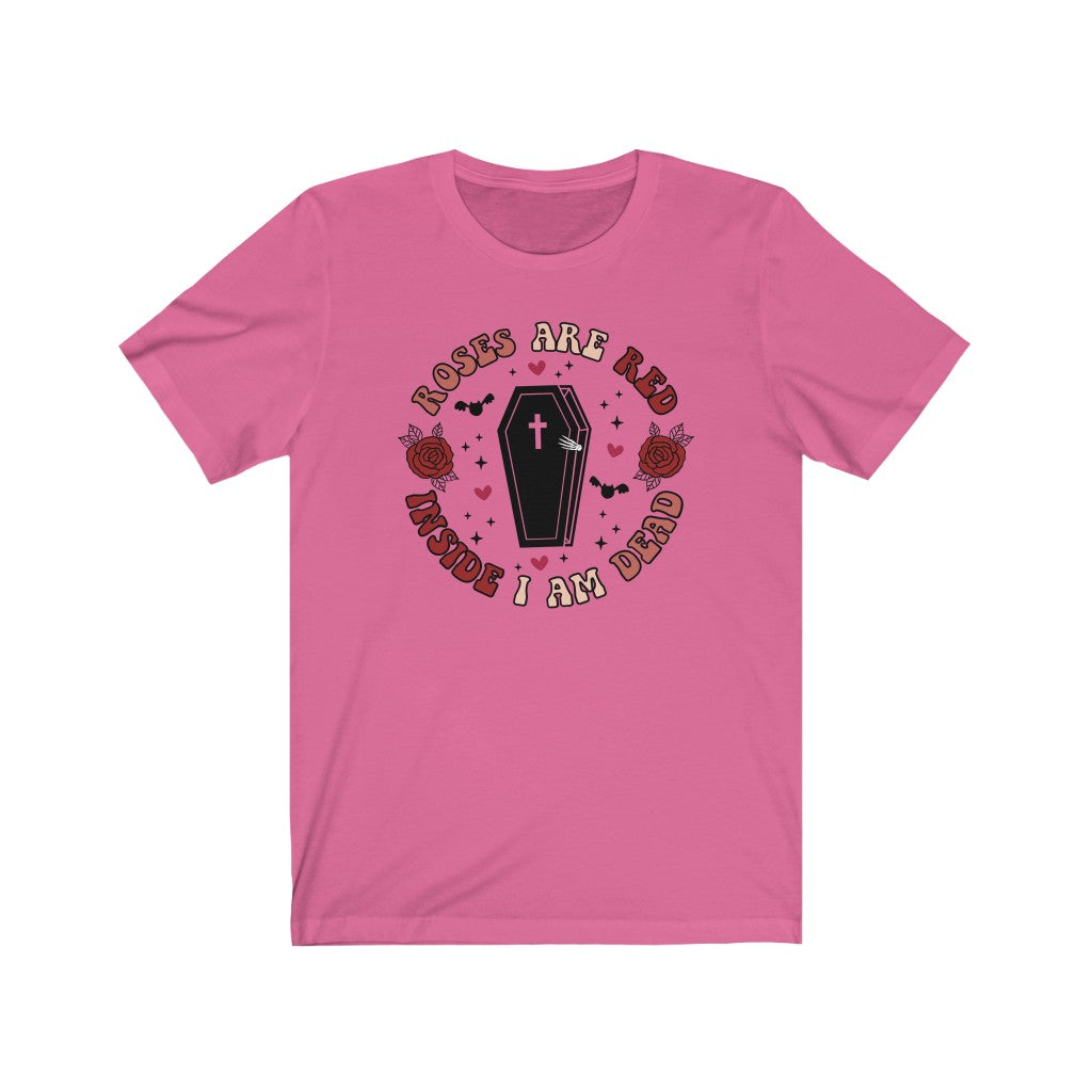"Roses Are Red, Inside I'm Dead" Red And Pink Hearts And Bats Coffin Tee - Unisex Shirt