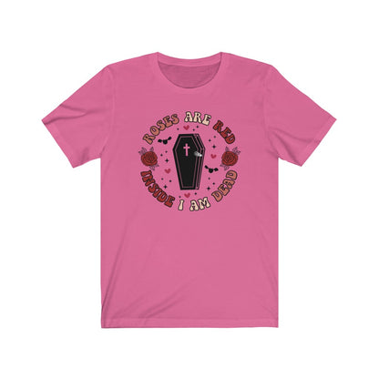 "Roses Are Red, Inside I'm Dead" Red And Pink Hearts And Bats Coffin Tee - Unisex Shirt
