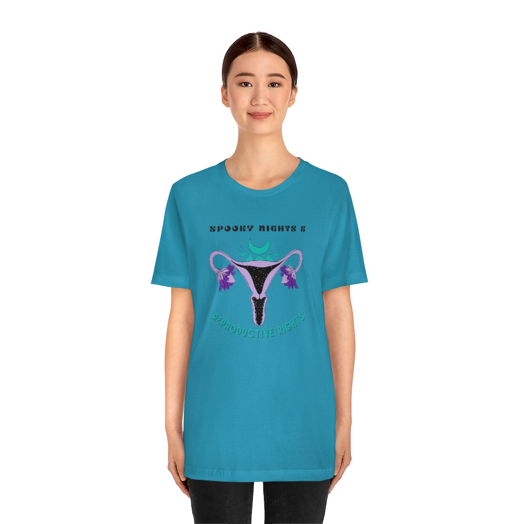 "Spooky Nights & Reproductive Rights" Purple Uterus And Teal Moon Phases Tee - Unisex Shirt