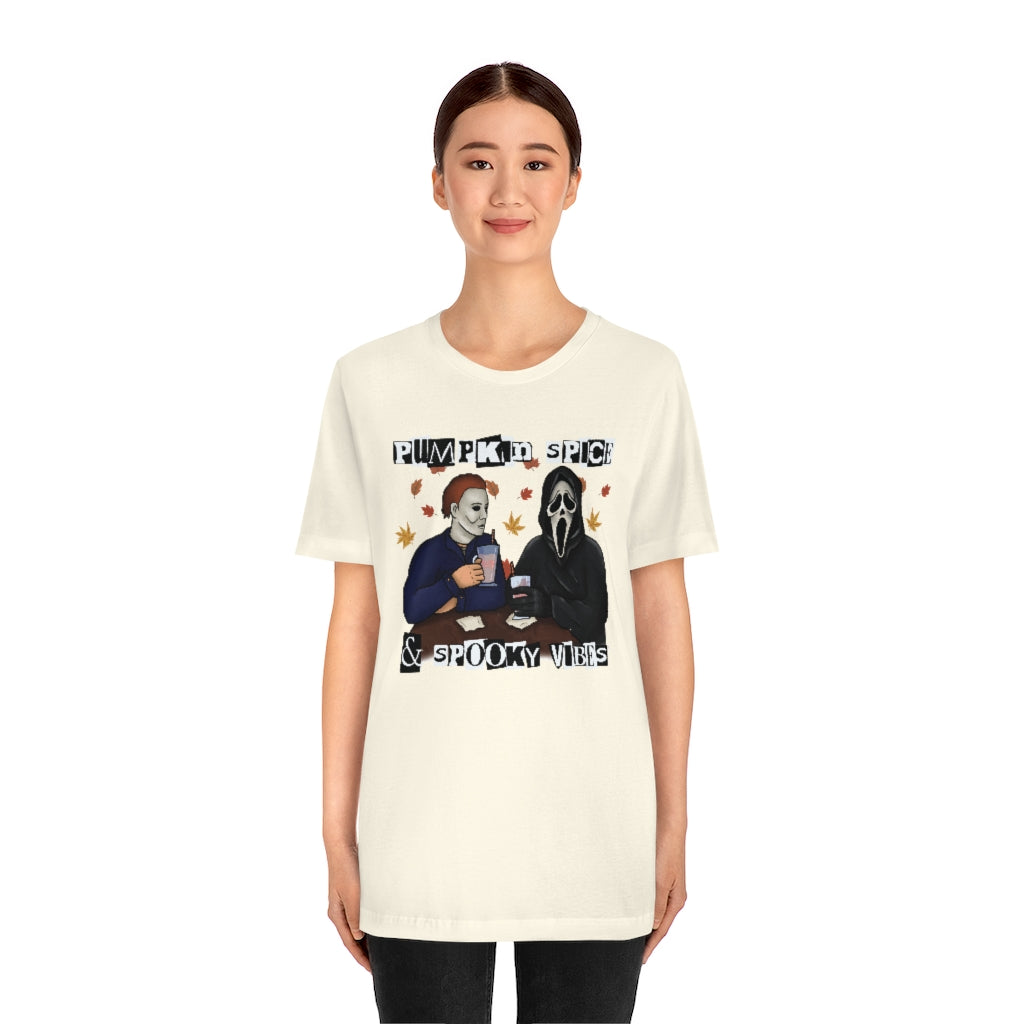 "Pumpkin Spice & Spooky Vibes" Horror Movie Tee - Unisex Shirt