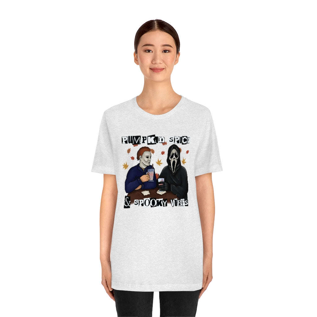 "Pumpkin Spice & Spooky Vibes" Horror Movie Tee - Unisex Shirt