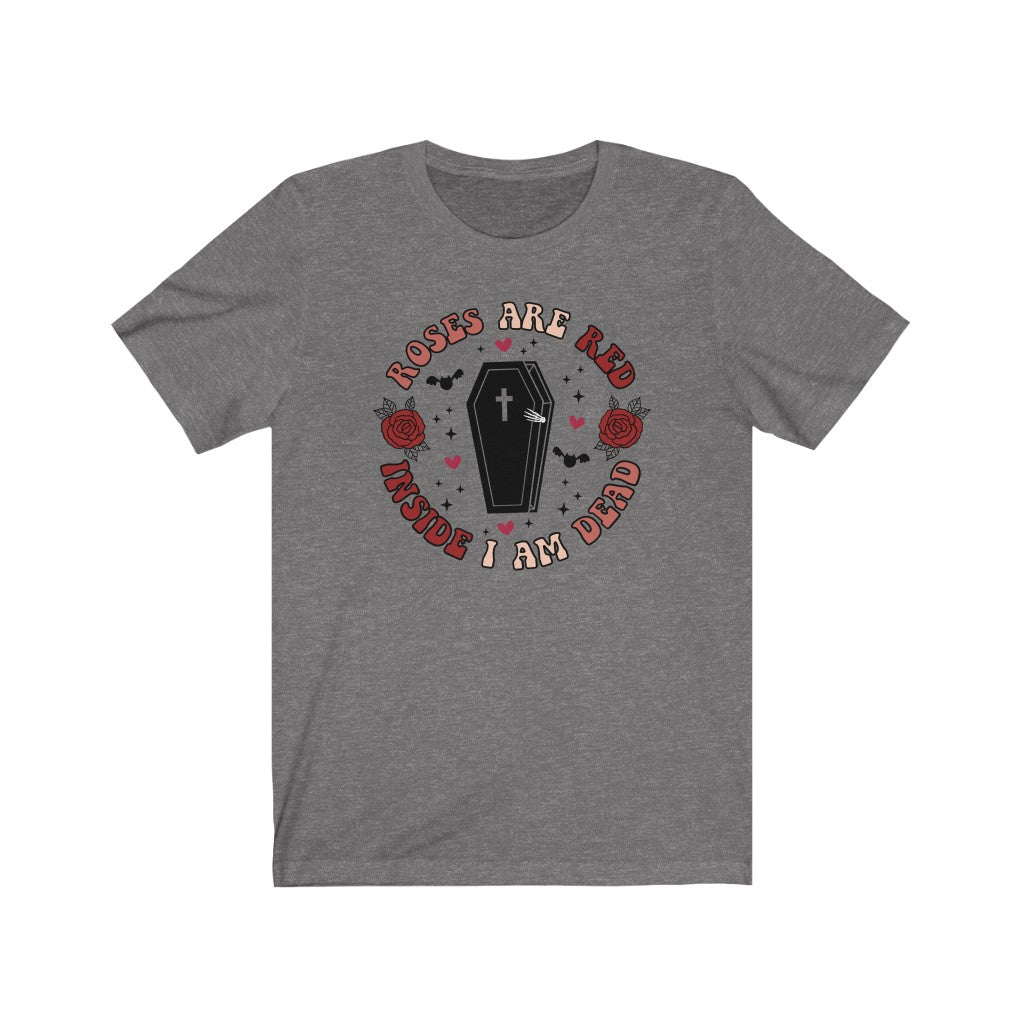 "Roses Are Red, Inside I'm Dead" Red And Pink Hearts And Bats Coffin Tee - Unisex Shirt
