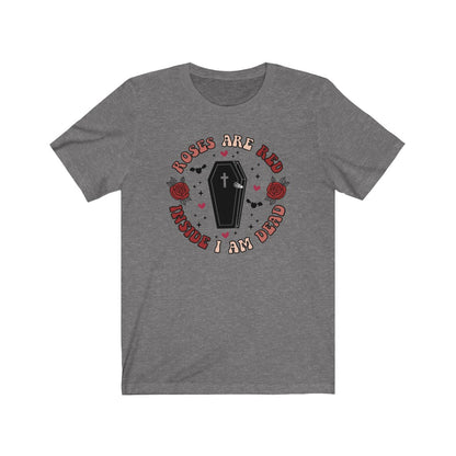 "Roses Are Red, Inside I'm Dead" Red And Pink Hearts And Bats Coffin Tee - Unisex Shirt