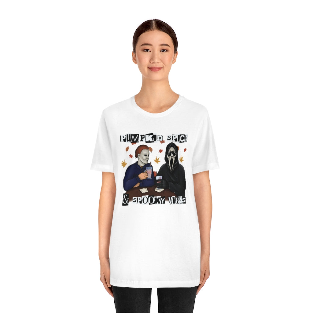 "Pumpkin Spice & Spooky Vibes" Horror Movie Tee - Unisex Shirt