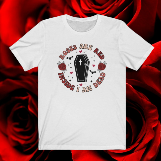 "Roses Are Red, Inside I'm Dead" Red And Pink Hearts And Bats Coffin Tee - Unisex Shirt