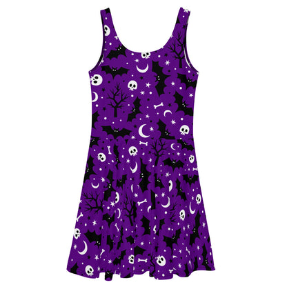 Purple Halloween Night Skulls And Bats - Women's Skater Dress