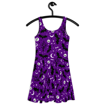 Purple Halloween Night Skulls And Bats - Women's Skater Dress