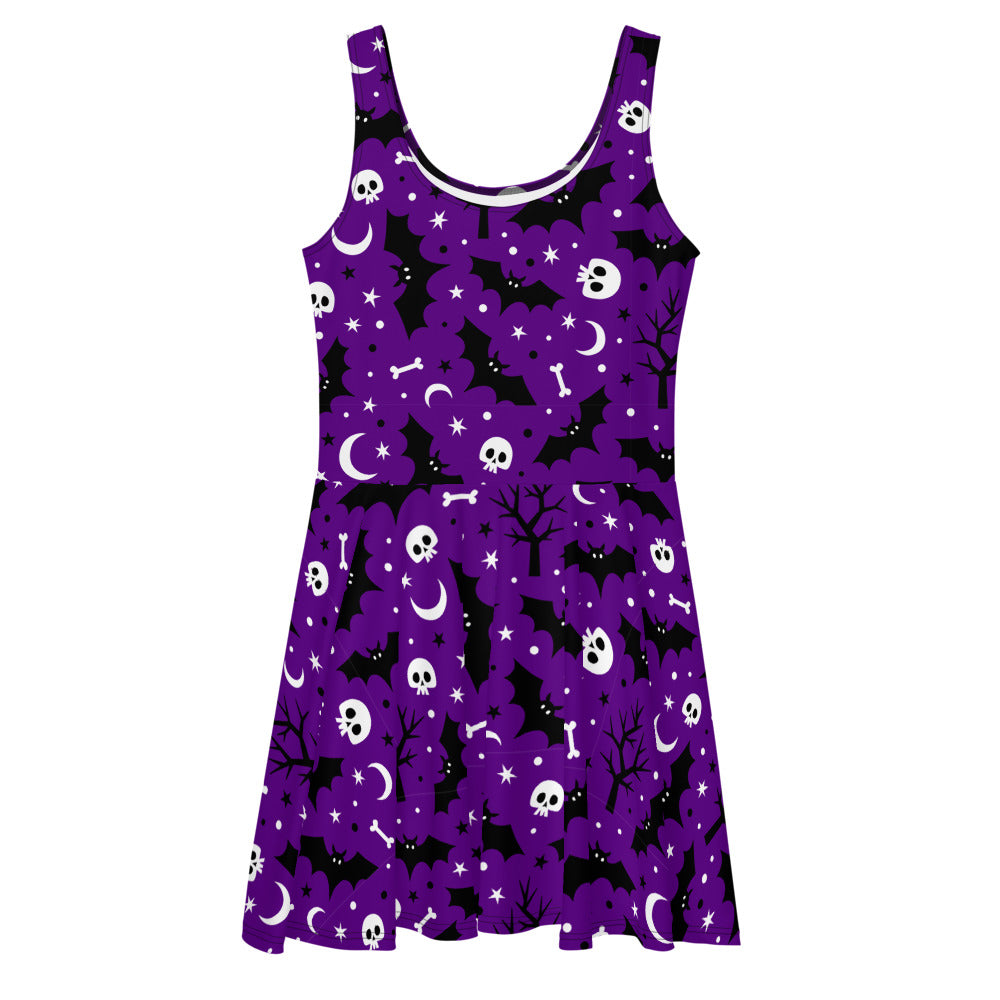 Purple Halloween Night Skulls And Bats - Women's Skater Dress