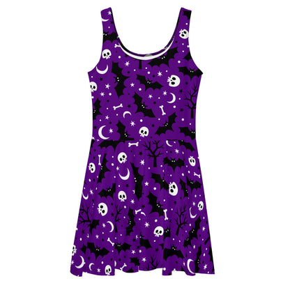 Purple Halloween Night Skulls And Bats - Women's Skater Dress