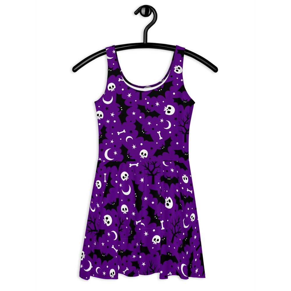 Purple Halloween Night Skulls And Bats - Women's Skater Dress