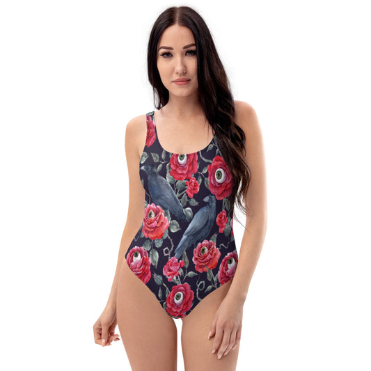 Women's Black And Red Eyeball Flowers One-Piece Swimsuit