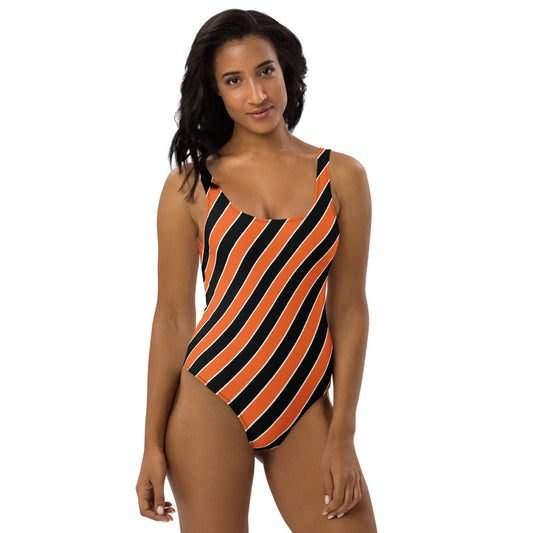 Women's Halloween Orange and Black Stripes One-Piece Swimsuit