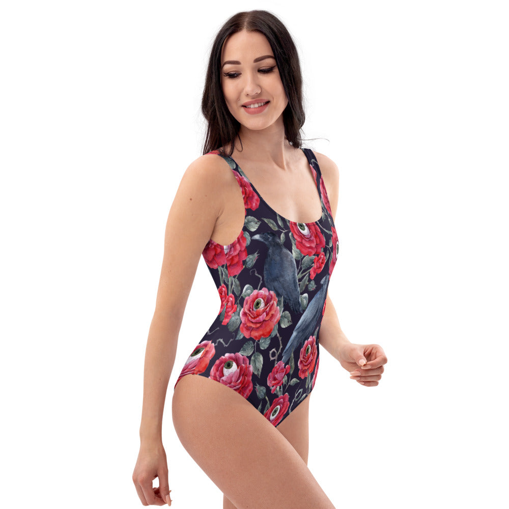 Women's Black And Red Eyeball Flowers One-Piece Swimsuit