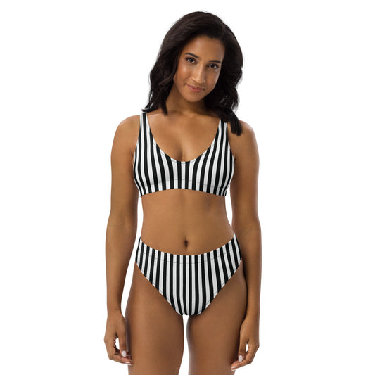 Women's Recycled Black and White Stripe High-Waisted Two-Piece Swimsuit