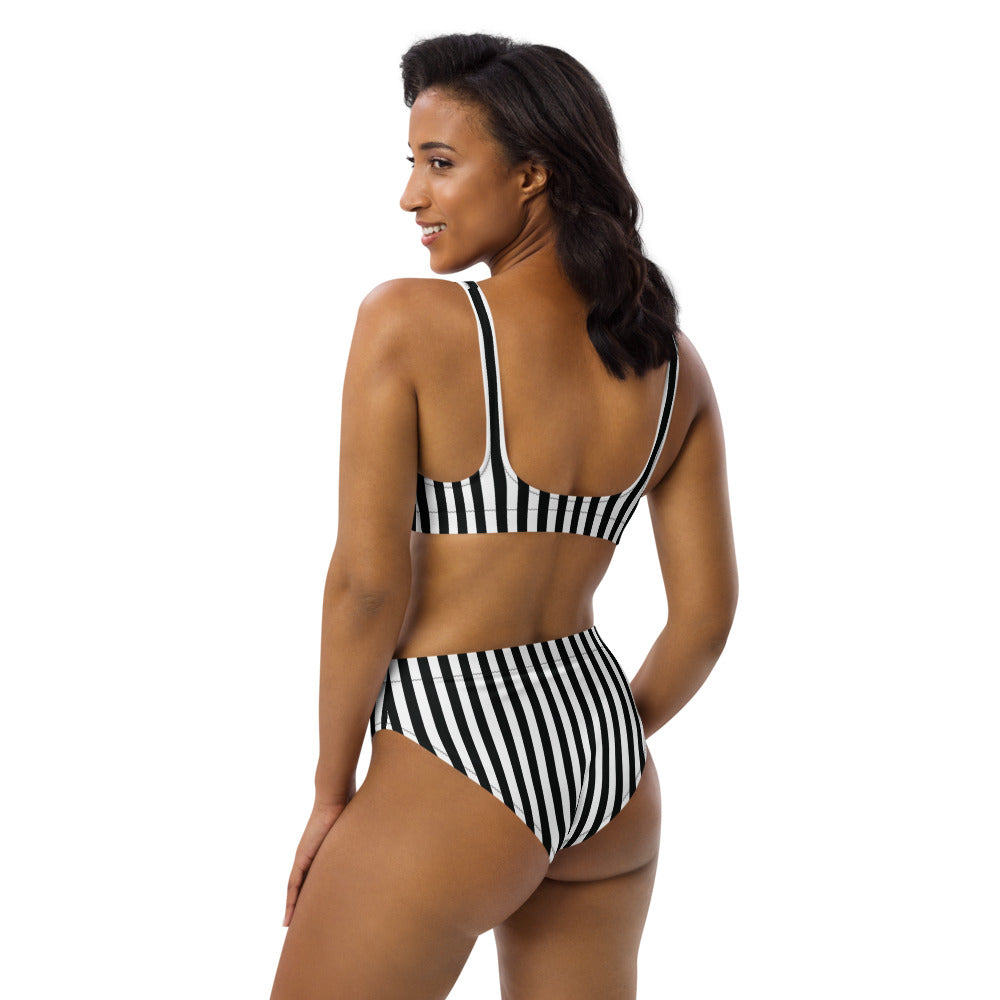 Women's Recycled Black and White Stripe High-Waisted Two-Piece Swimsuit