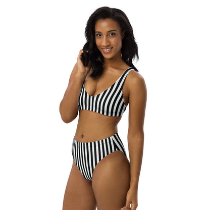 Women's Recycled Black and White Stripe High-Waisted Two-Piece Swimsuit