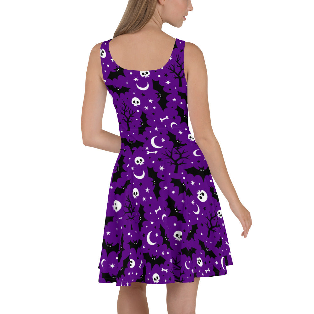 Purple Halloween Night Skulls And Bats - Women's Skater Dress