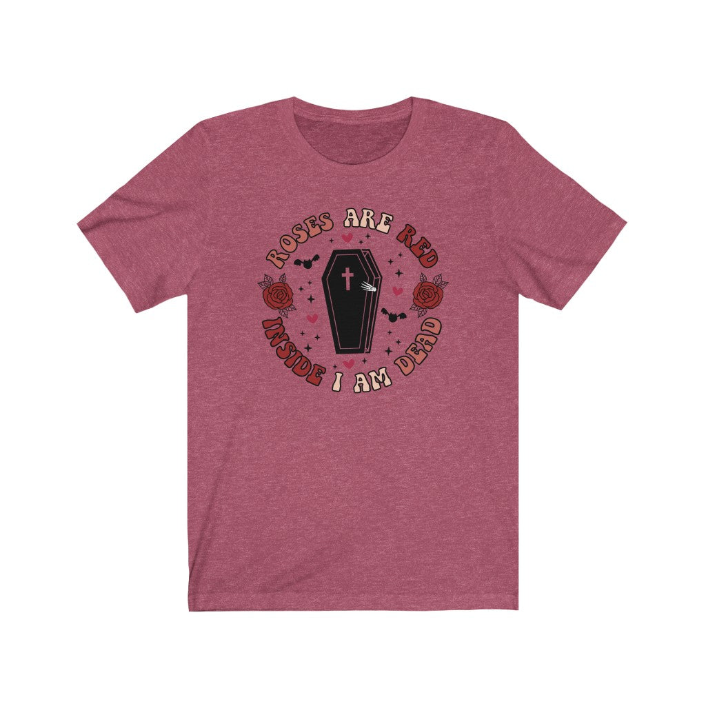 "Roses Are Red, Inside I'm Dead" Red And Pink Hearts And Bats Coffin Tee - Unisex Shirt