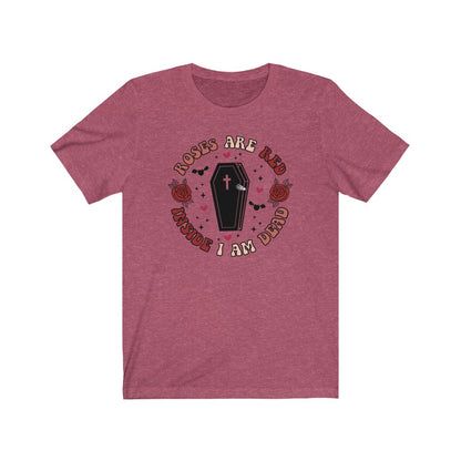 "Roses Are Red, Inside I'm Dead" Red And Pink Hearts And Bats Coffin Tee - Unisex Shirt