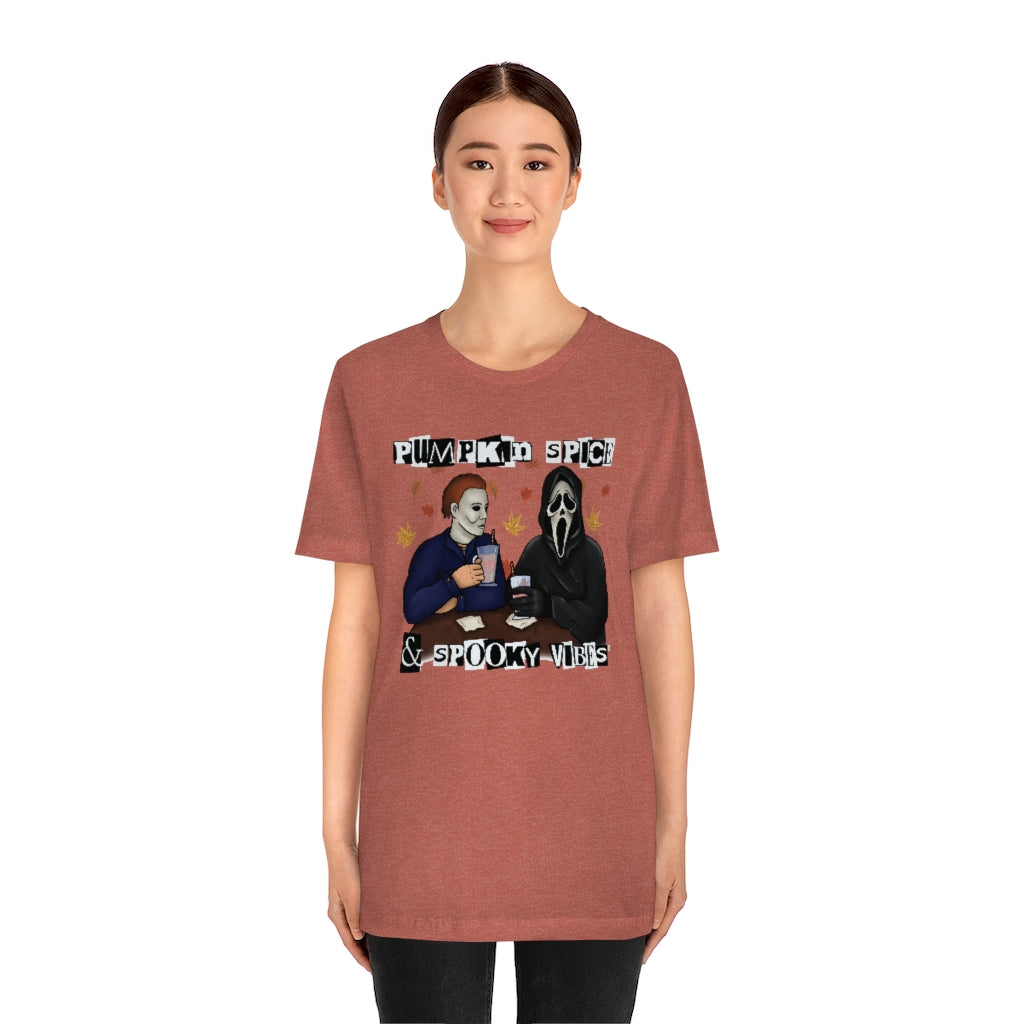 "Pumpkin Spice & Spooky Vibes" Horror Movie Tee - Unisex Shirt