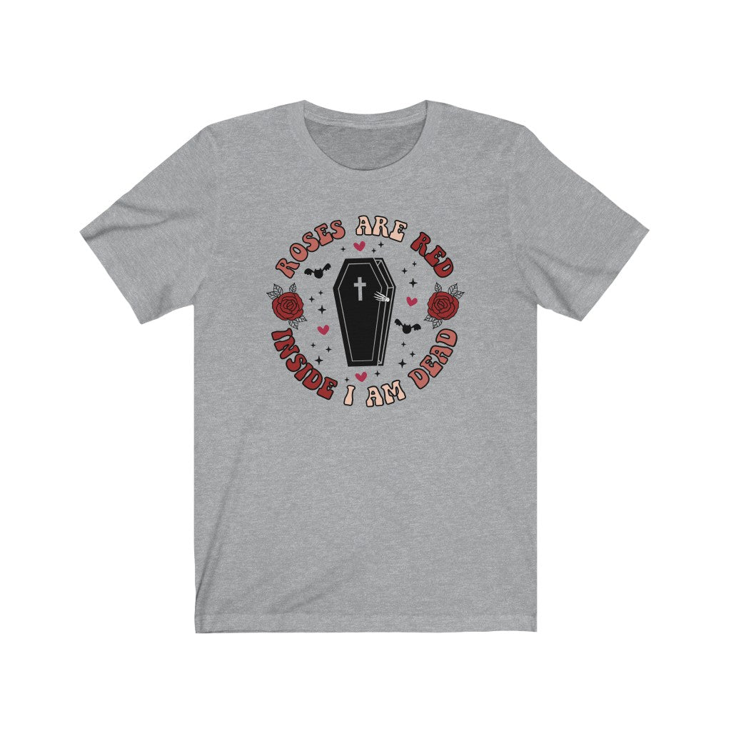 "Roses Are Red, Inside I'm Dead" Red And Pink Hearts And Bats Coffin Tee - Unisex Shirt