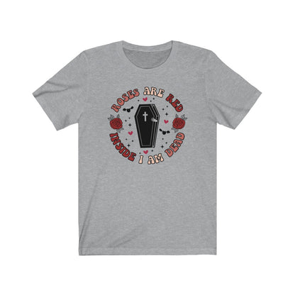 "Roses Are Red, Inside I'm Dead" Red And Pink Hearts And Bats Coffin Tee - Unisex Shirt