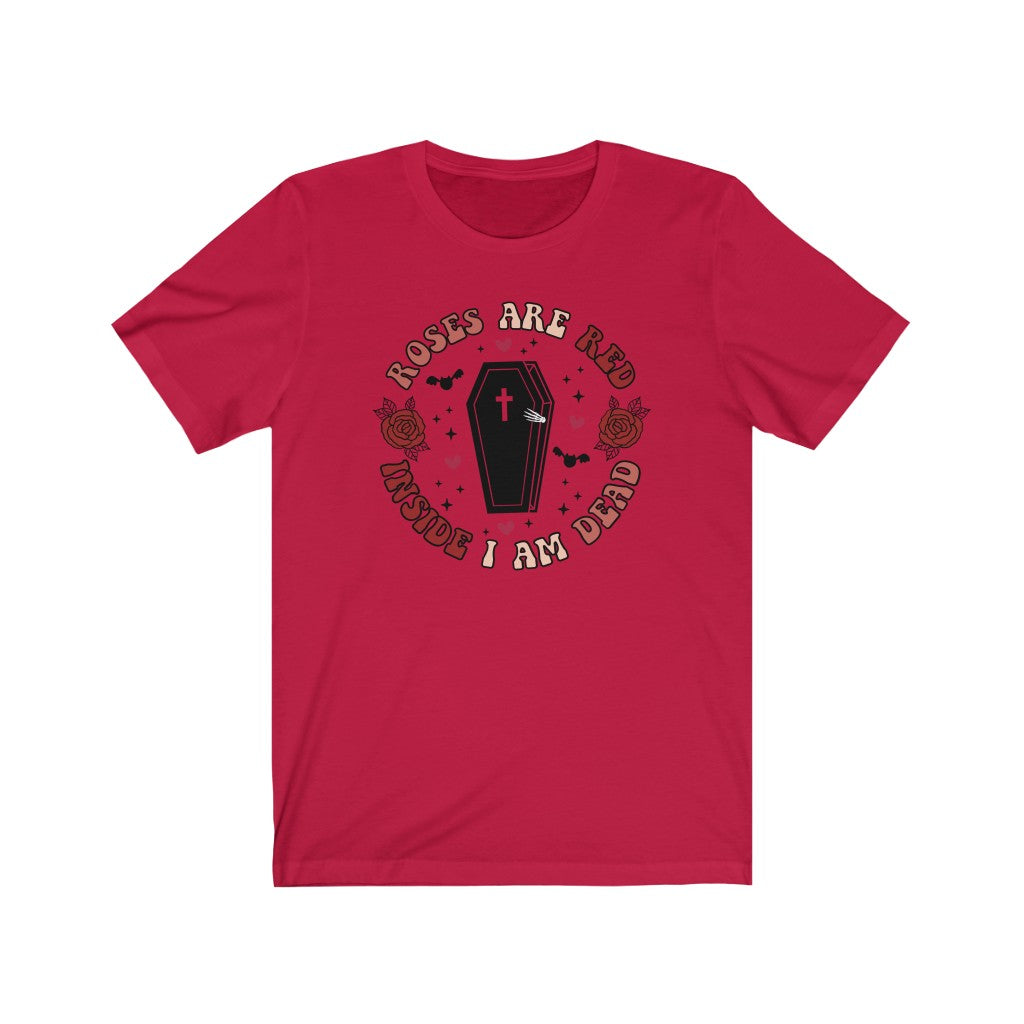 "Roses Are Red, Inside I'm Dead" Red And Pink Hearts And Bats Coffin Tee - Unisex Shirt