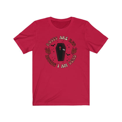 "Roses Are Red, Inside I'm Dead" Red And Pink Hearts And Bats Coffin Tee - Unisex Shirt