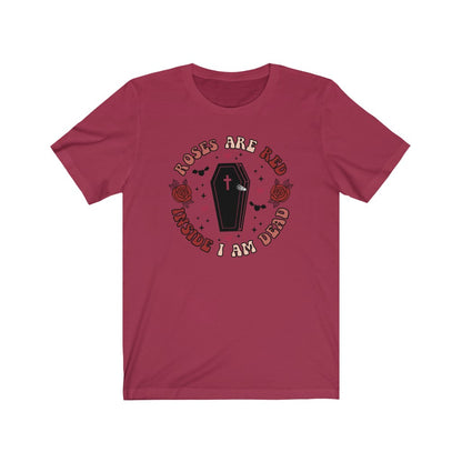 "Roses Are Red, Inside I'm Dead" Red And Pink Hearts And Bats Coffin Tee - Unisex Shirt