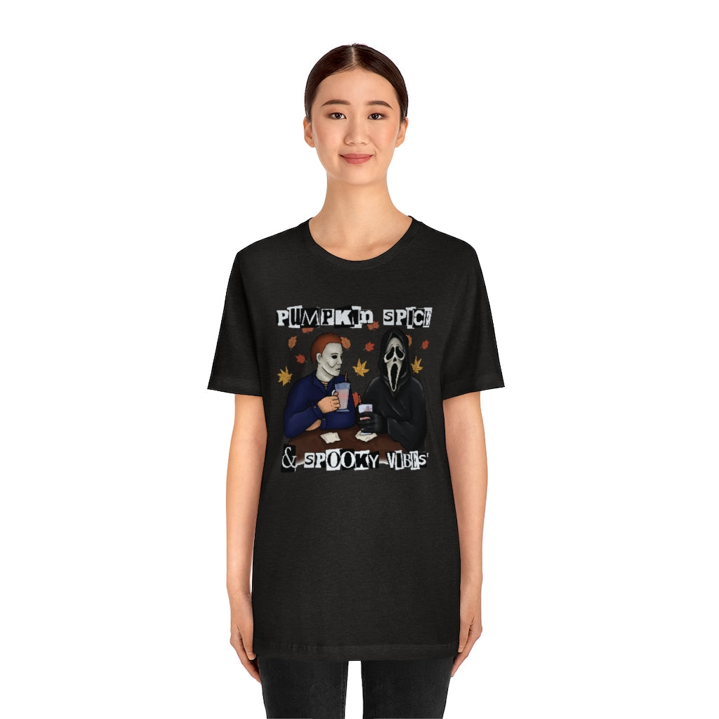 "Pumpkin Spice & Spooky Vibes" Horror Movie Tee - Unisex Shirt