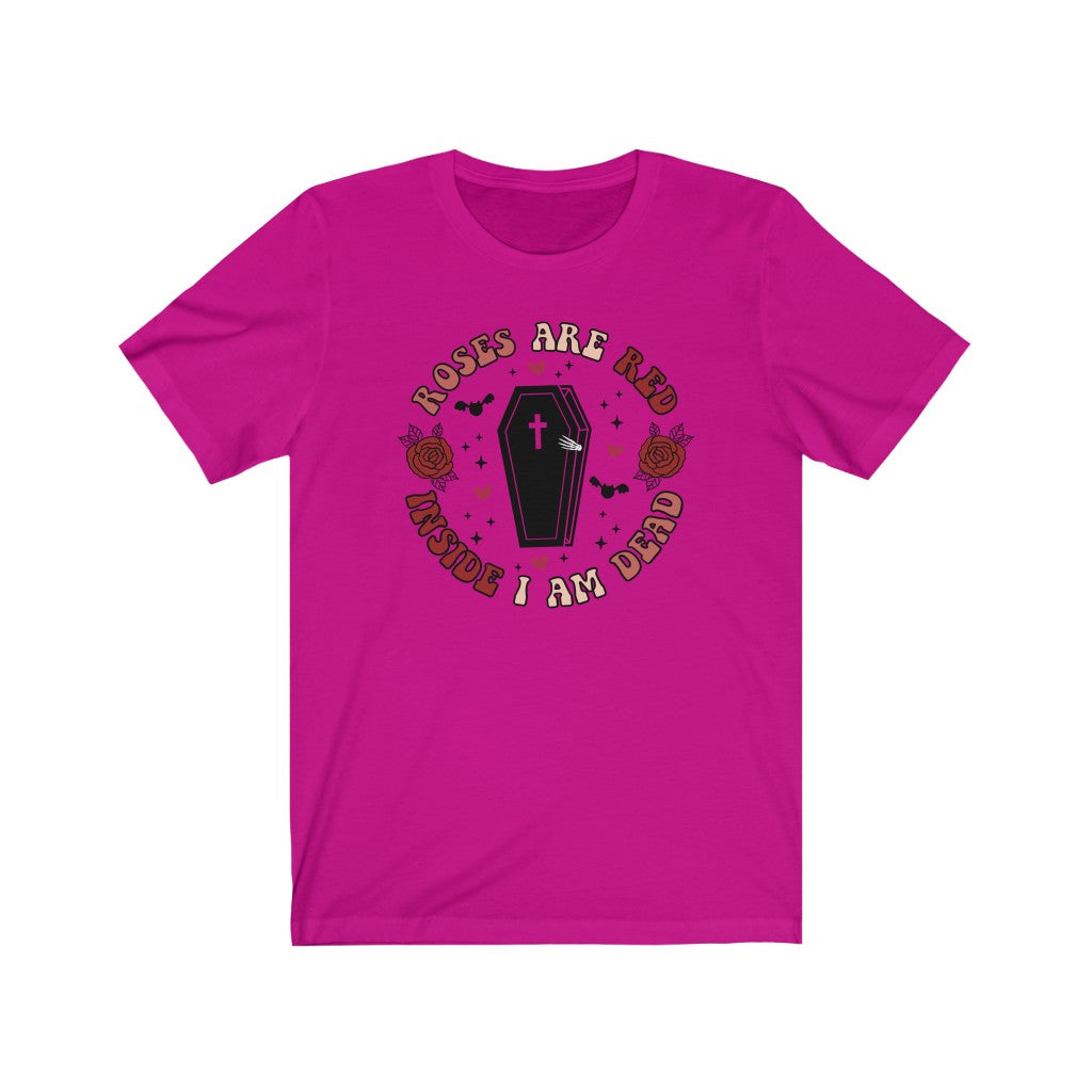 "Roses Are Red, Inside I'm Dead" Red And Pink Hearts And Bats Coffin Tee - Unisex Shirt