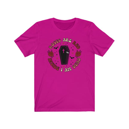 "Roses Are Red, Inside I'm Dead" Red And Pink Hearts And Bats Coffin Tee - Unisex Shirt
