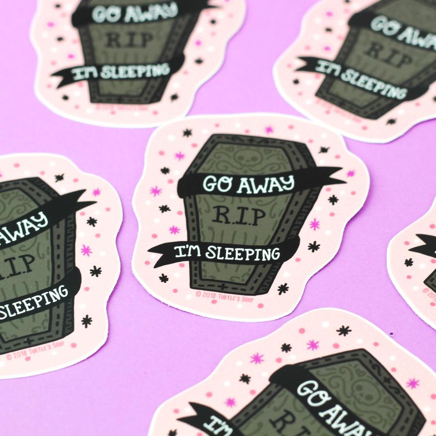 "Go Away I'm Sleeping" Coffin Goth Vinyl Sticker (Turtle's Soup)