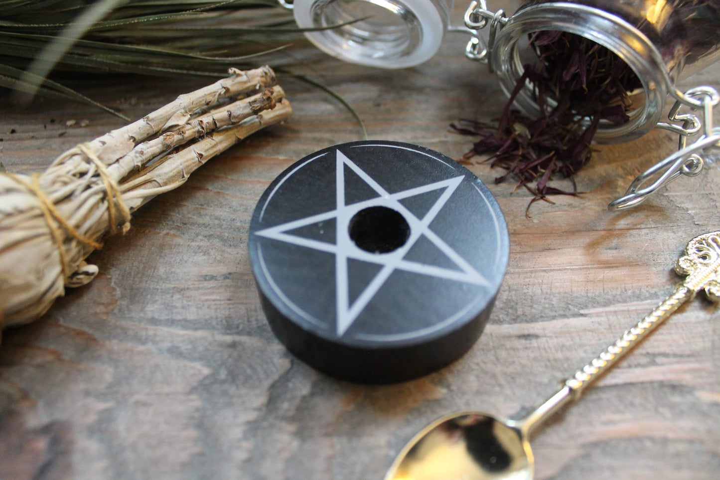 Black Pentagram Spell Candle Holder